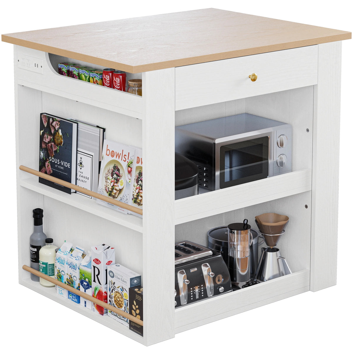 White Kitchen Island with Charging Station W7455