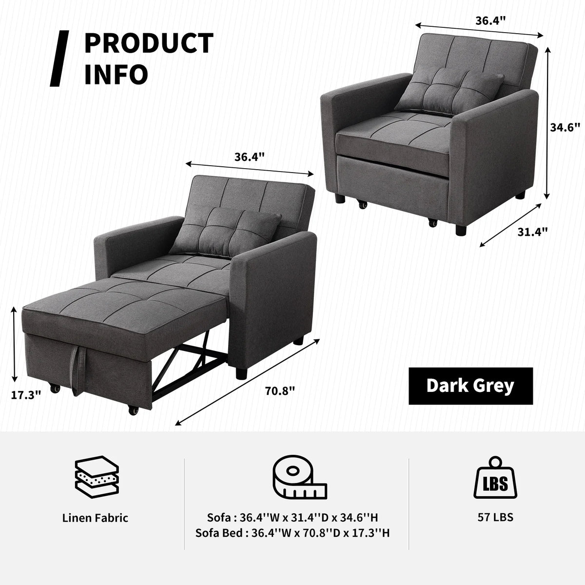 Single Sofa Bed with 3 Adjustable Inclinations, Dark Gray R846247
