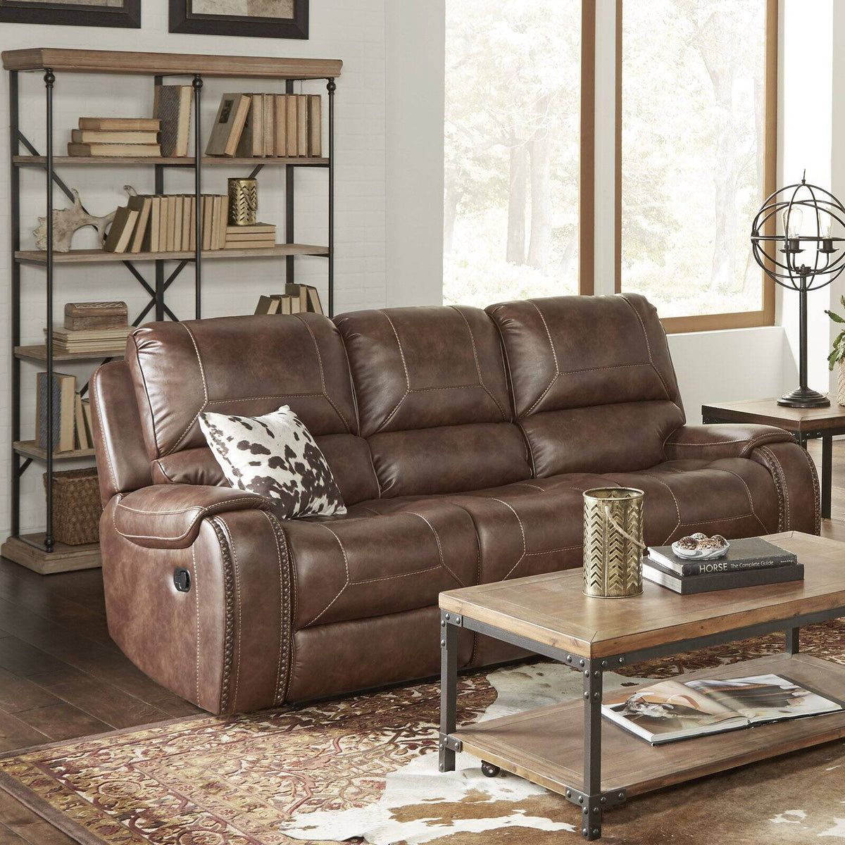 Brown Leather Manual Reclining Sofa with Storage Console and USB Port H8473