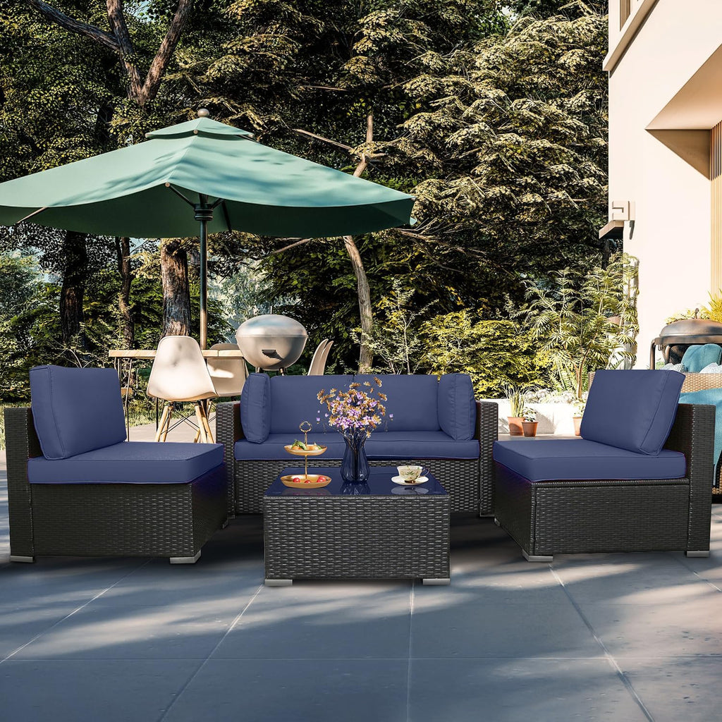 5 Piece Outdoor Rattan Sofa Set with Cushions and Tempered Glass Tea Table Y8295
