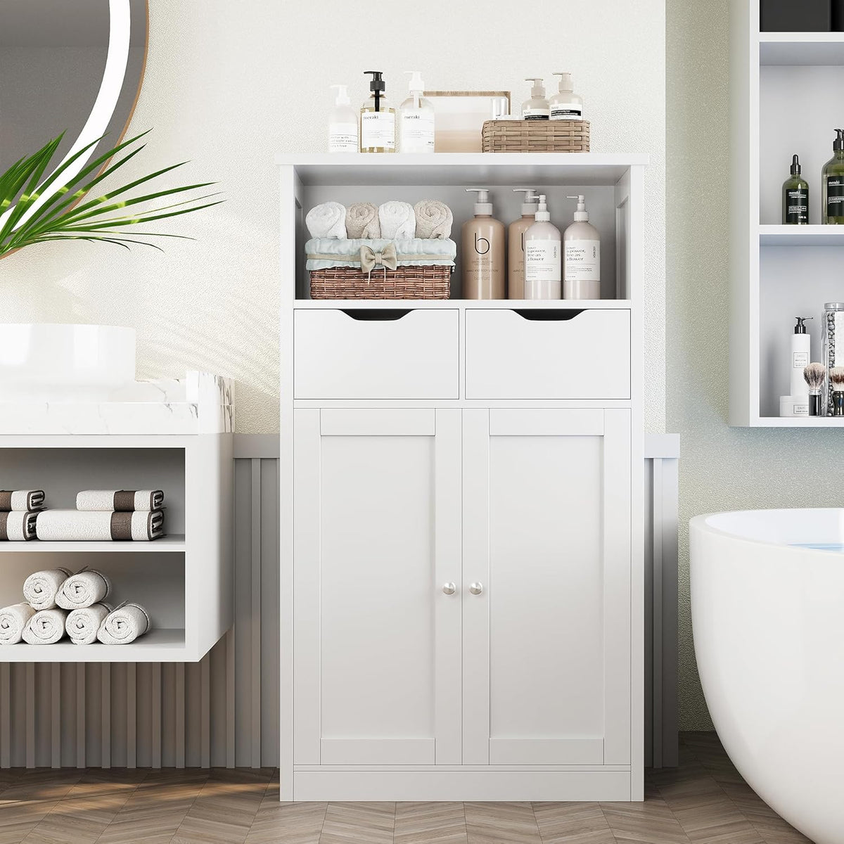 White Floor Storage Cabinet with Doors and Drawers and Adjustable Shelf I523169