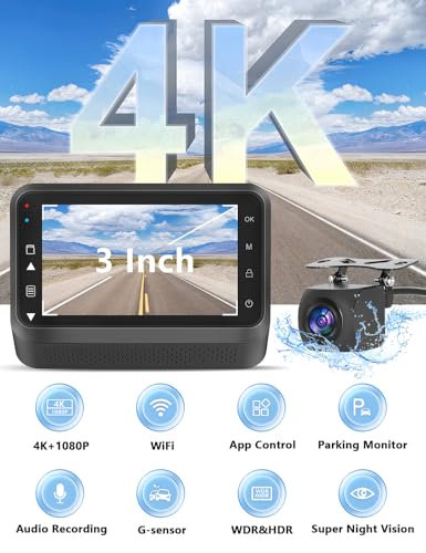 4K+1080P WiFi Dual Dash Cam with 3’’ IPS Screen and 64GB Card S6898