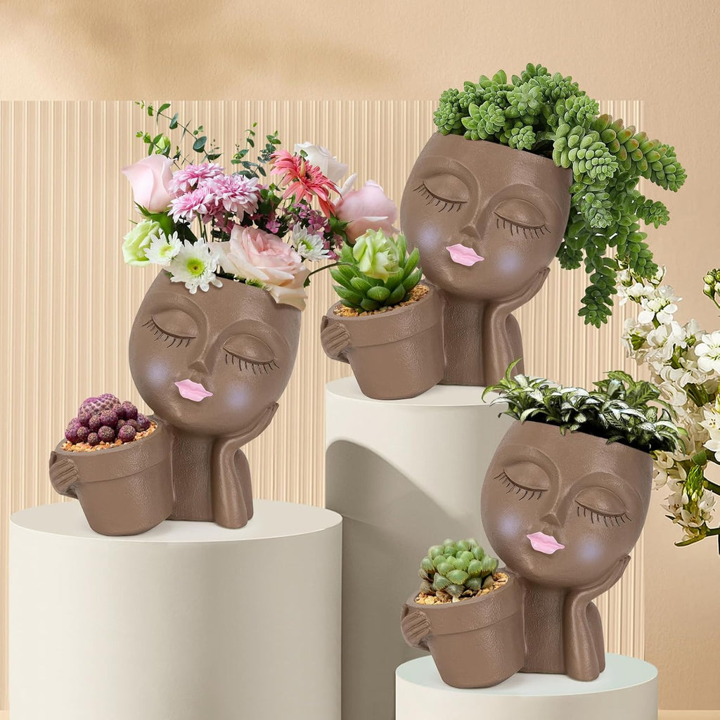 Brown Resin Face Planter Pot with Drainage Hole H48837