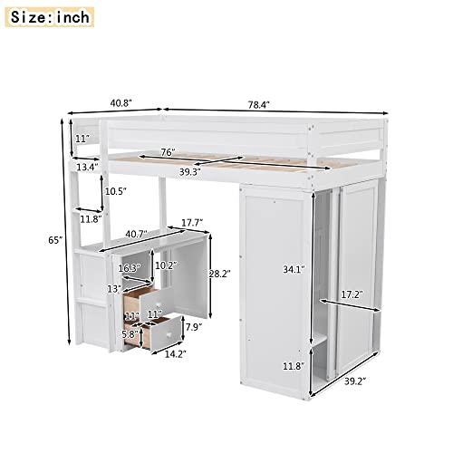 White Full Size Wooden Loft Bed with Storage Wardrobe and Desk O744485