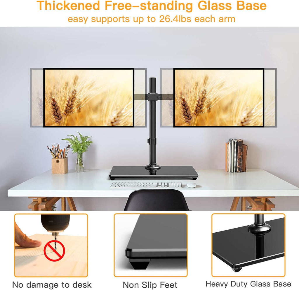 Dual Monitor Stand with Glass Base, Height Adjustable Two Arm Monitor Mount, Heavy Duty, Pack of 2 D95184