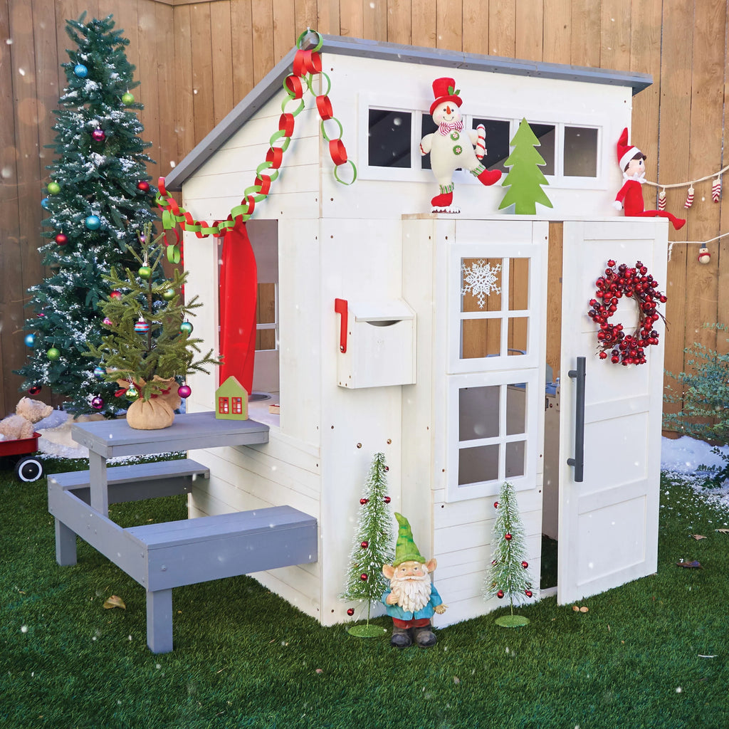 White Wooden Playhouse with Picnic Table, Mailbox & Outdoor Grill F740497