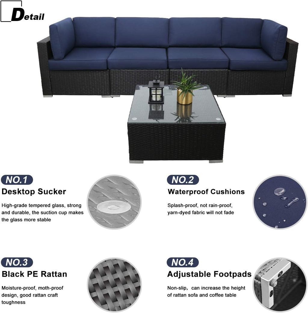 5 Piece Outdoor Rattan Sofa Set with Cushions and Tempered Glass Tea Table Y8295