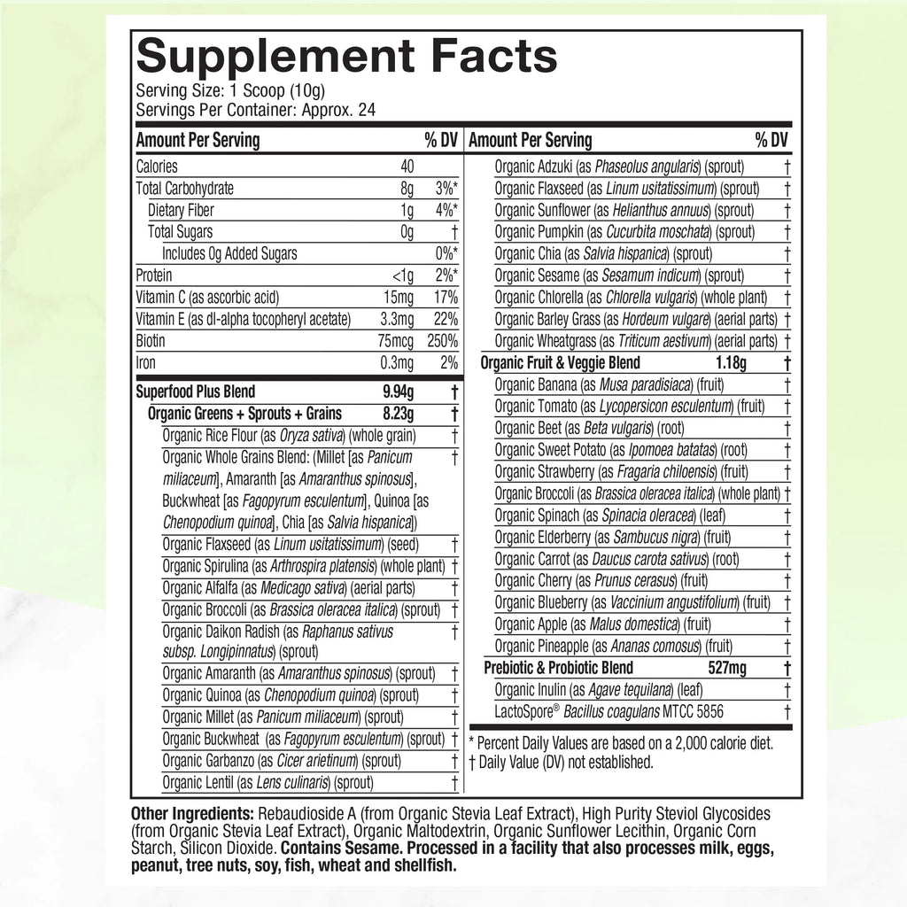 Organic Greens Superfood Supplement Powder Blend, Unflavored, 8.57 oz, 24 Servings B170032