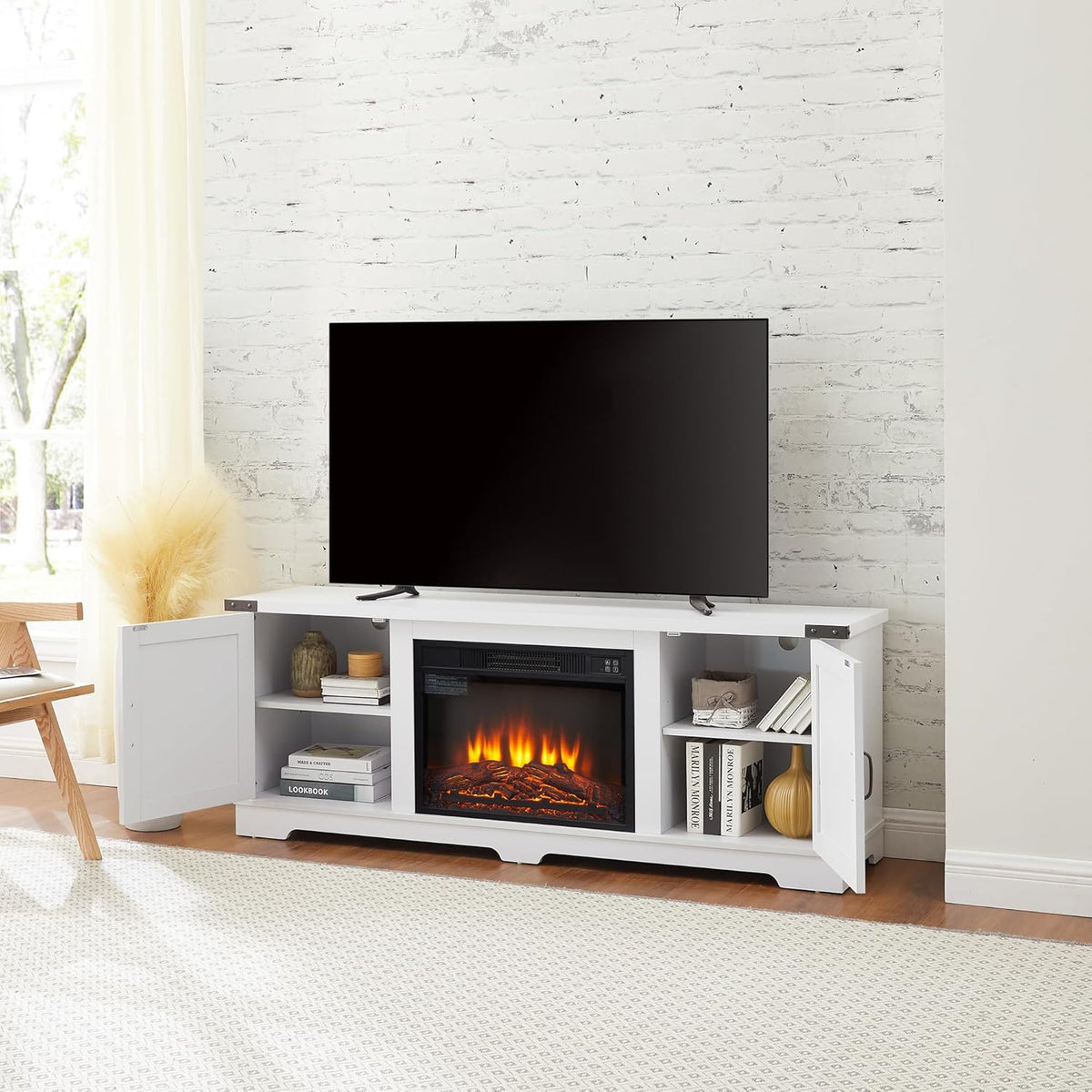 White 64.8" W TV Media Stand with Fireplace Insert X592300