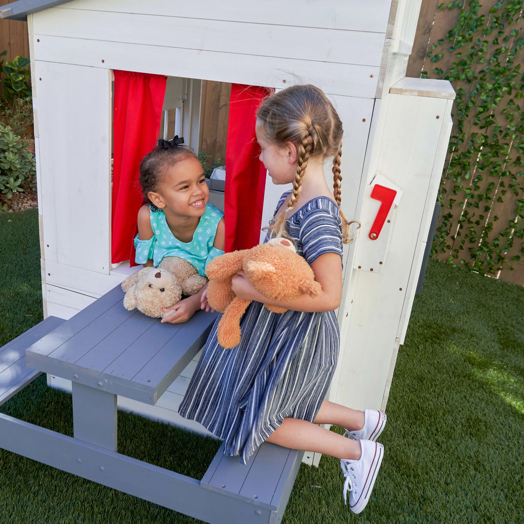 White Wooden Playhouse with Picnic Table, Mailbox & Outdoor Grill F740497