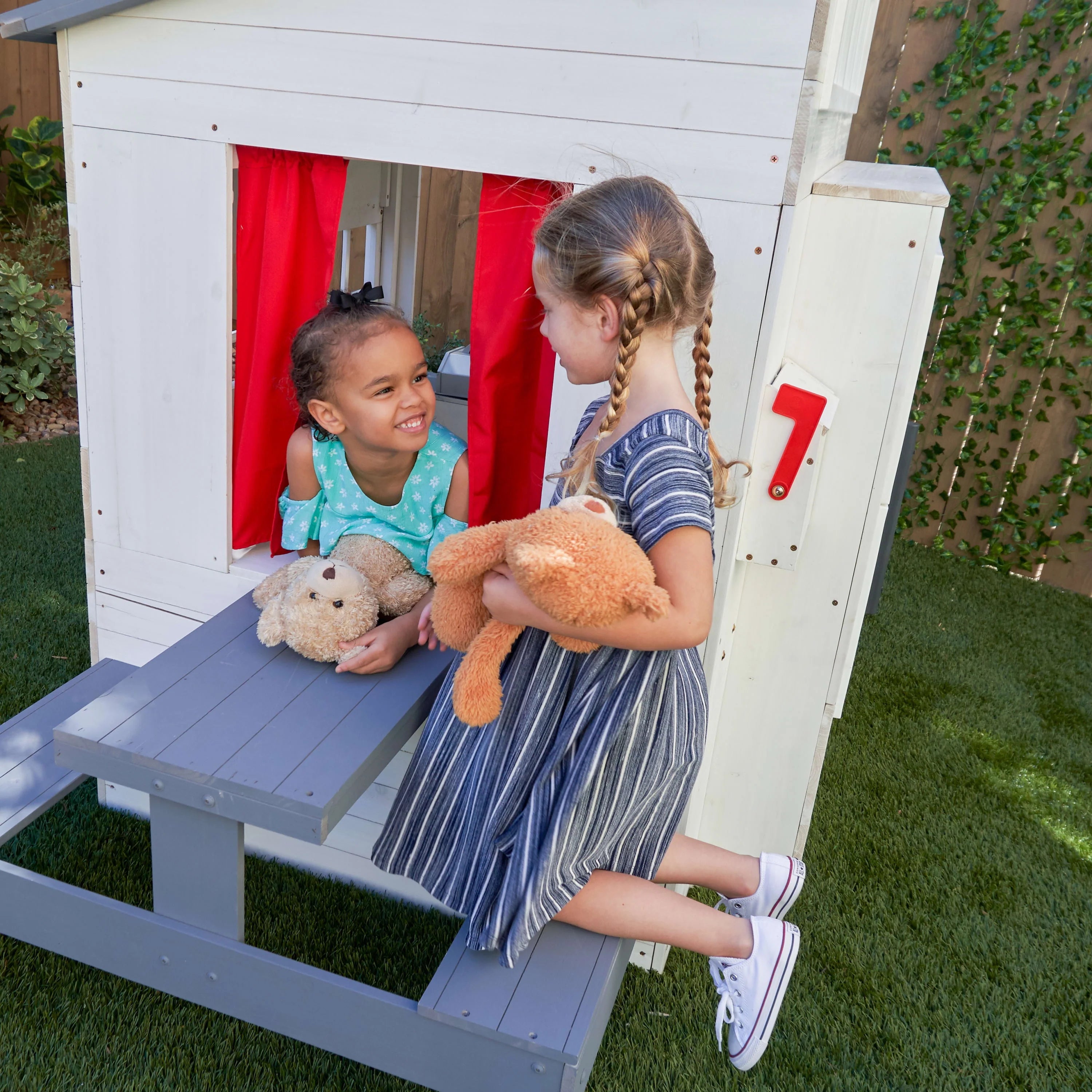 White Wooden Playhouse with Picnic Table, Mailbox & Outdoor Grill F740497