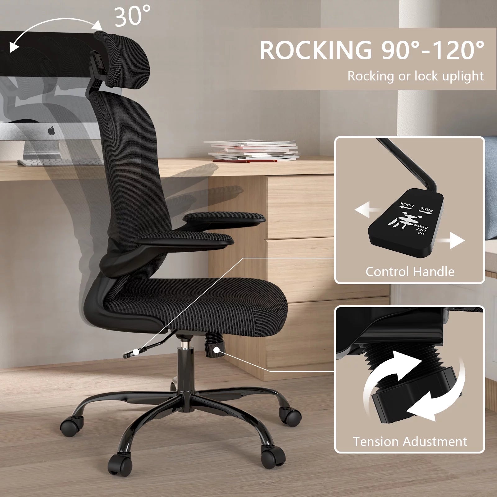 High Back Ergonomic Swivel Office Chair with Flip-up Armrests, Black P5575