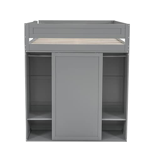 White Full Size Wooden Loft Bed with Storage Wardrobe and Desk O744485