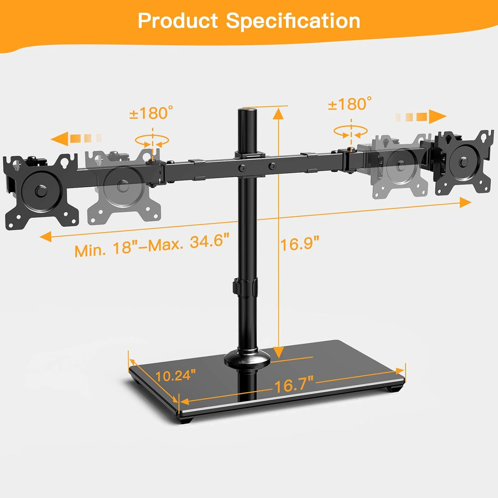 Dual Monitor Stand with Glass Base, Height Adjustable Two Arm Monitor Mount, Heavy Duty, Pack of 2 D95184