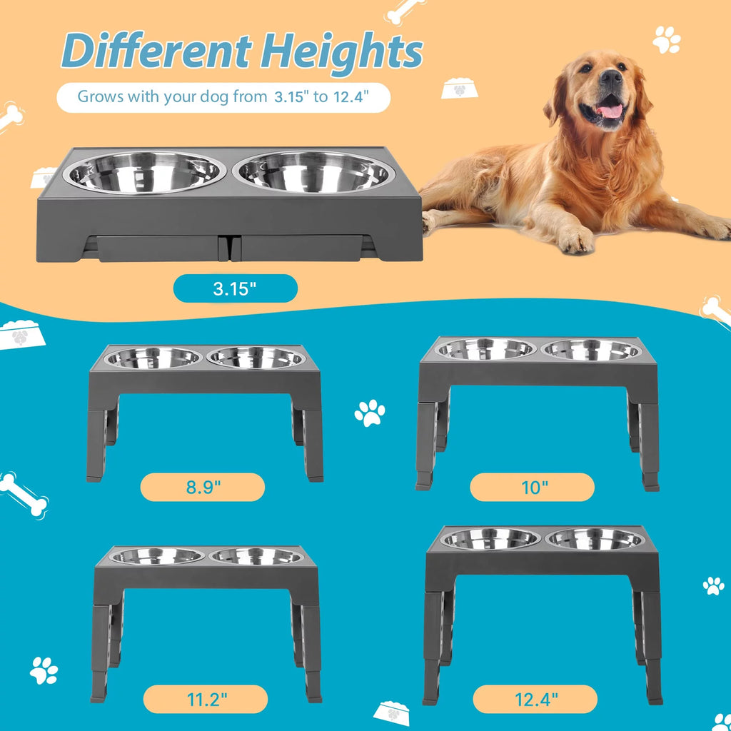 Elevated Dog Bowls Stand with 2 Stainless Steel Dishes, Raised Dog Bowl Adjusts to 5 Heights (Gray) I516
