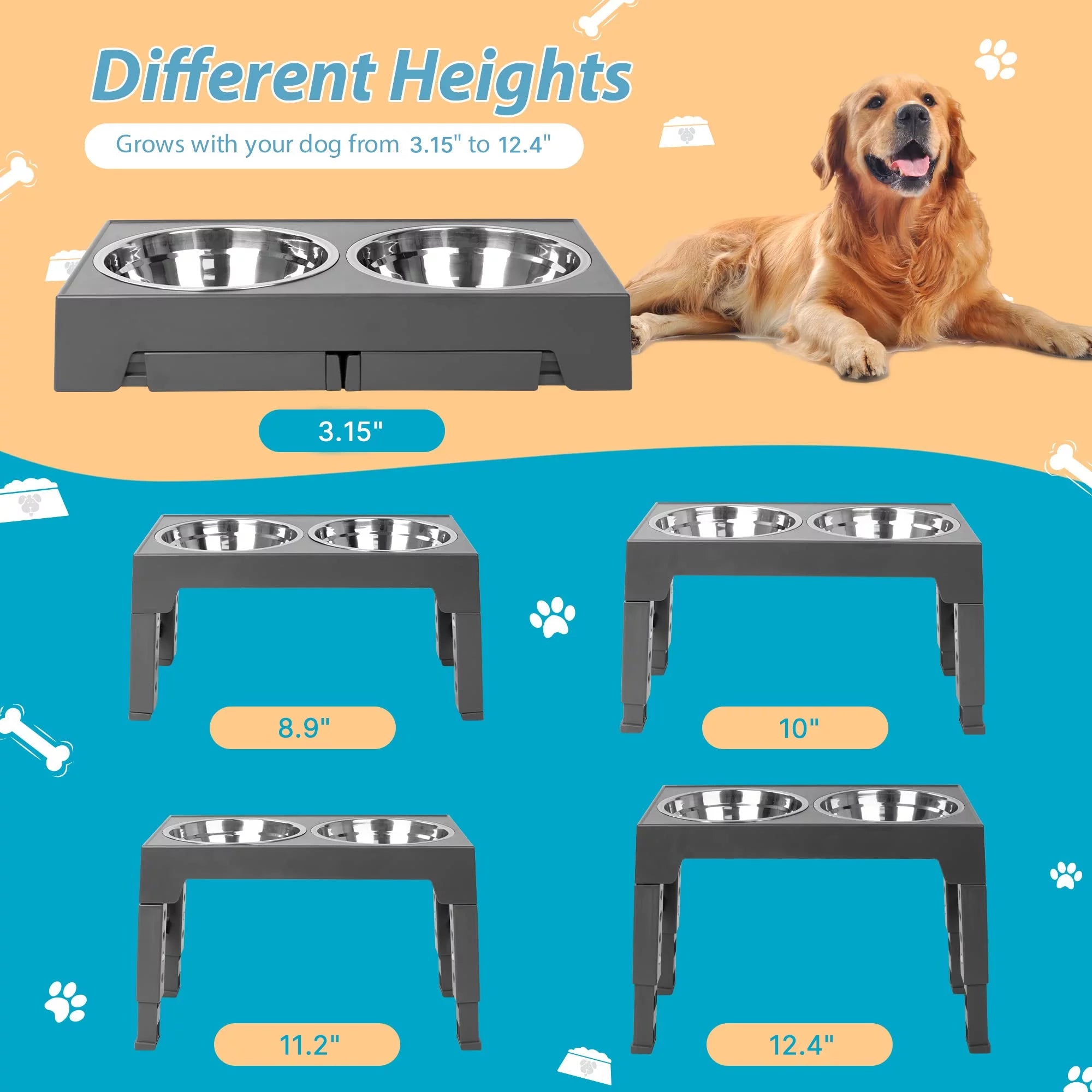 Elevated Dog Bowls Stand with 2 Stainless Steel Dishes, Raised Dog Bowl Adjusts to 5 Heights (Gray) I516