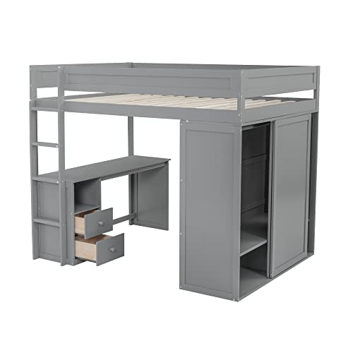 White Full Size Wooden Loft Bed with Storage Wardrobe and Desk O744485