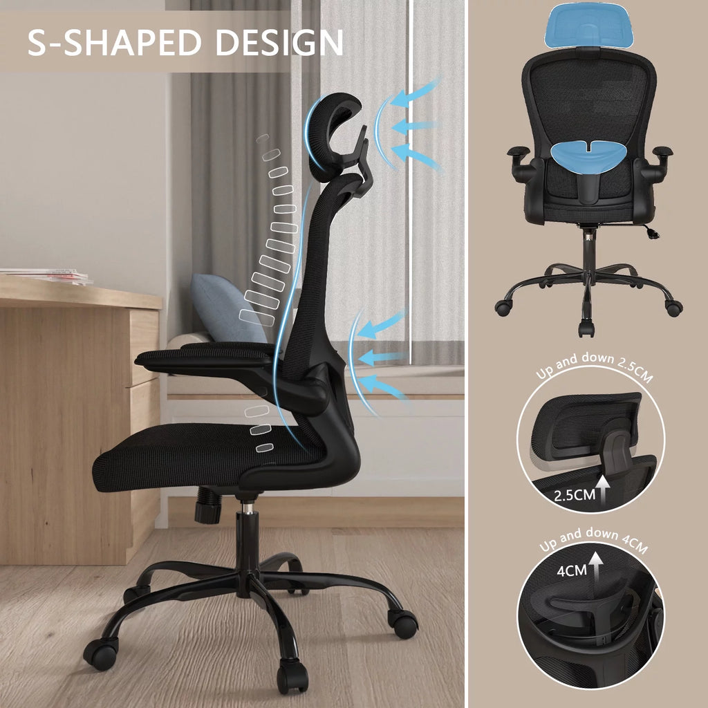 High Back Ergonomic Swivel Office Chair with Flip-up Armrests, Black P5575