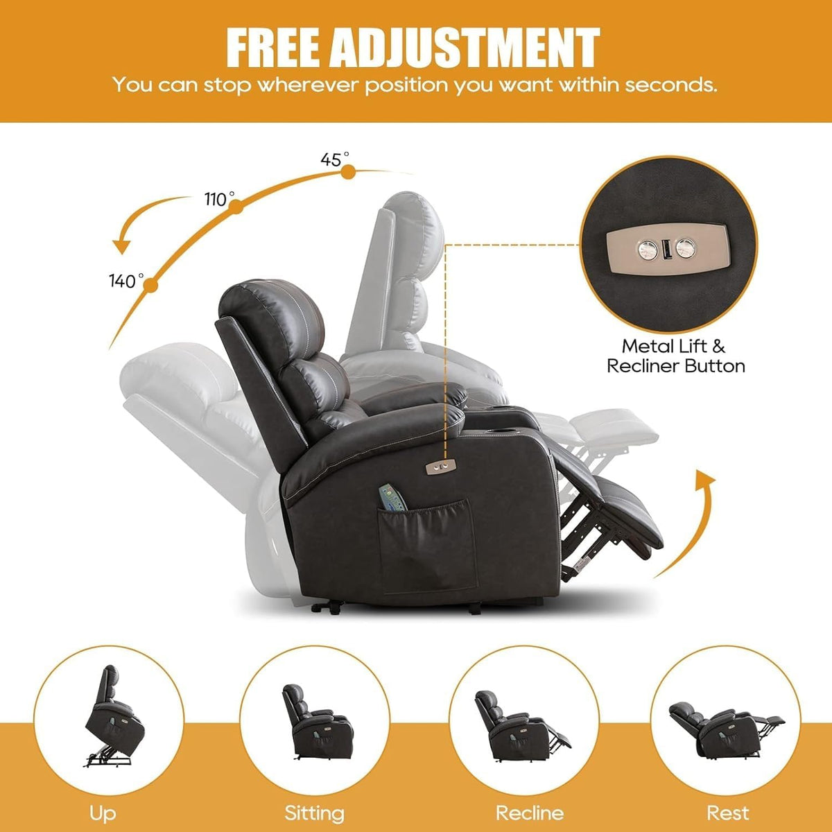 Power Lift Recliner Chair with Heat and Massage, Electric Recliner Chairs with Standing Assistance, 2 Cup Holders, USB Charge Port, Breathable Leather E304