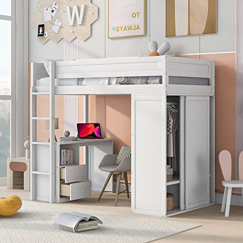 White Full Size Wooden Loft Bed with Storage Wardrobe and Desk O744485