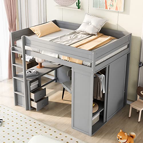 White Full Size Wooden Loft Bed with Storage Wardrobe and Desk O744485