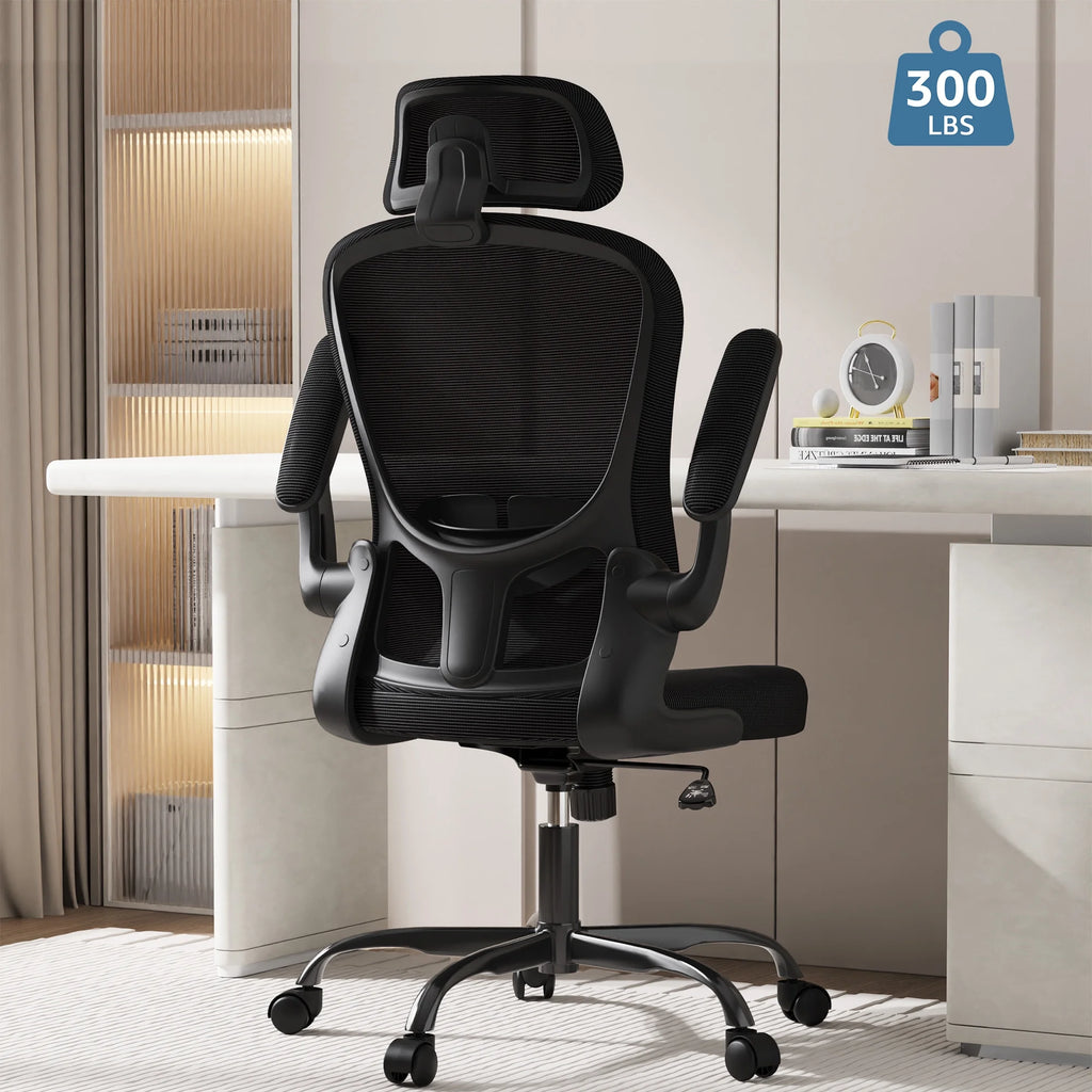 High Back Ergonomic Swivel Office Chair with Flip-up Armrests, Black P5575