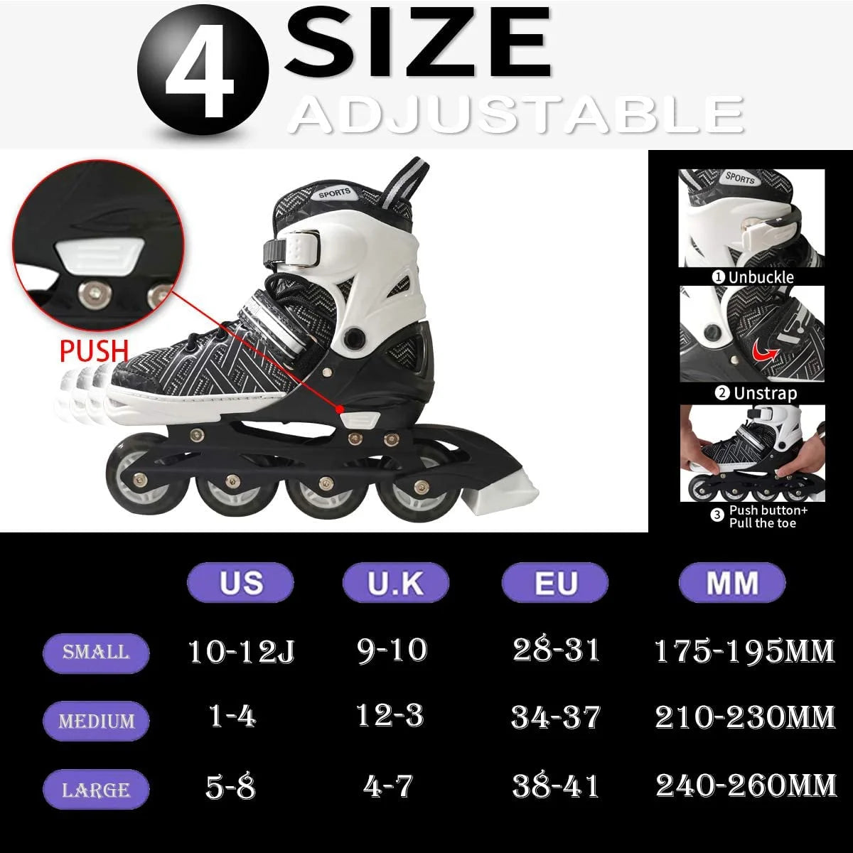 Black Adjustable Kids Inline Skates L32189