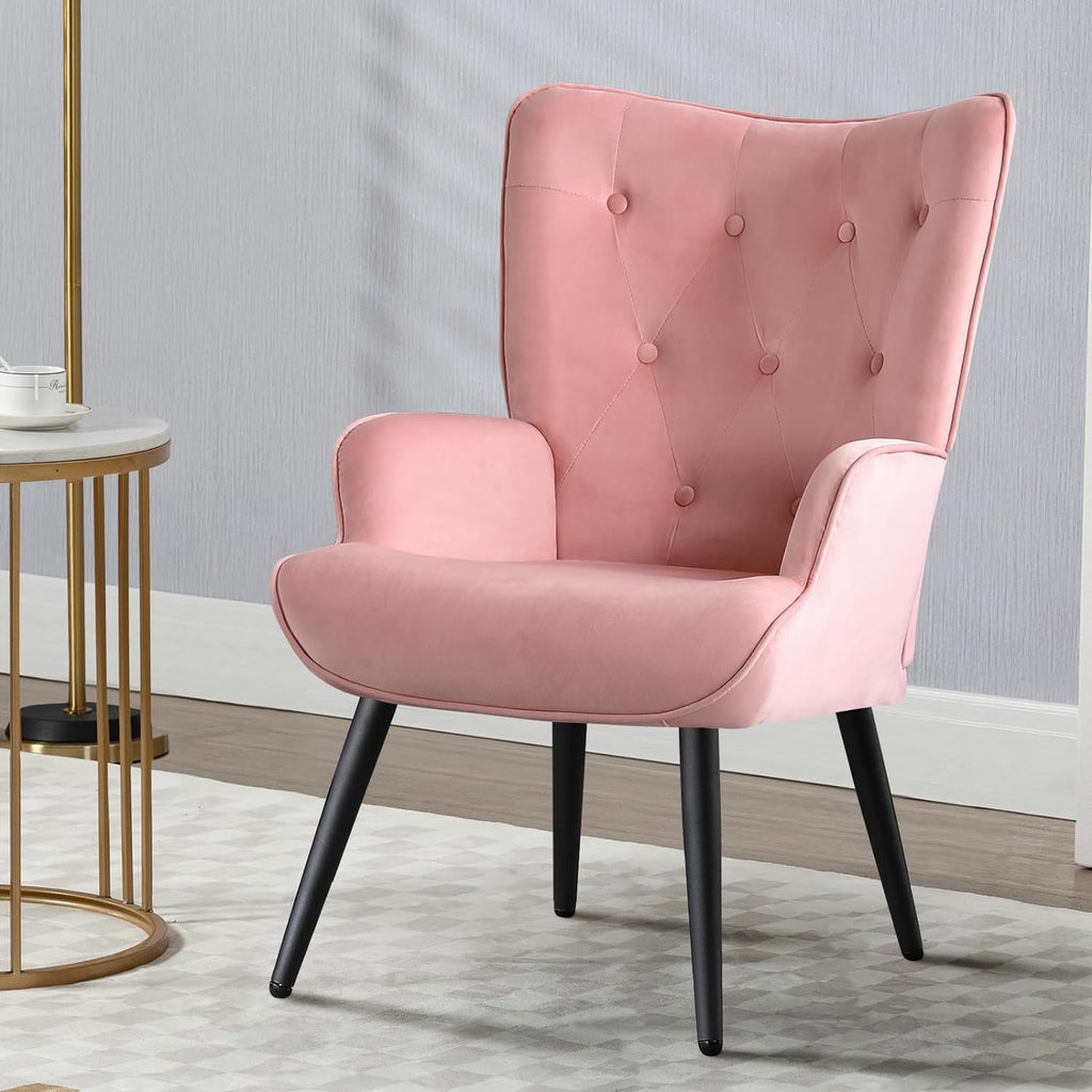 Pink Velvet Tufted Wingback Accent Chair with Solid Metal Legs S6535
