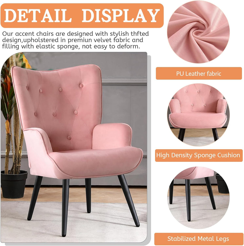 Pink Velvet Tufted Wingback Accent Chair with Solid Metal Legs S6535