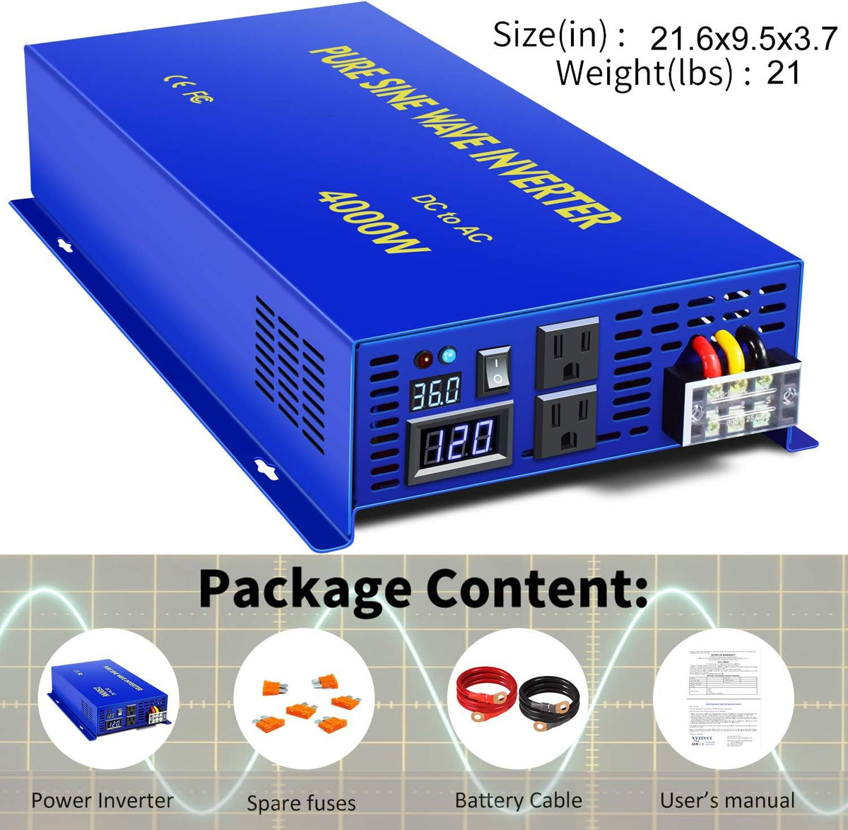4000W Pure Sine Wave Power Converter with Wireless Remote Control O3547