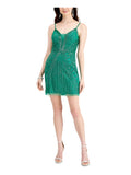Green Zippered Sheer Mesh Inset V-back Lined Sleeveless Sweetheart Neckline Mini Sheath Dress C554587