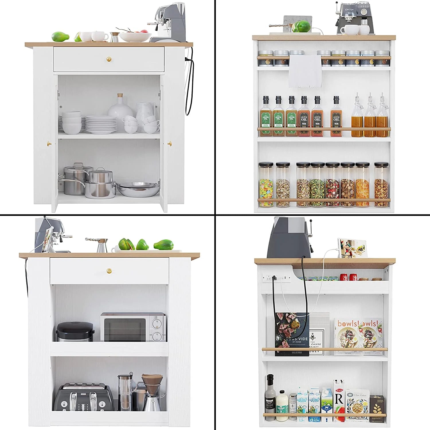 White Kitchen Island with Charging Station W7455