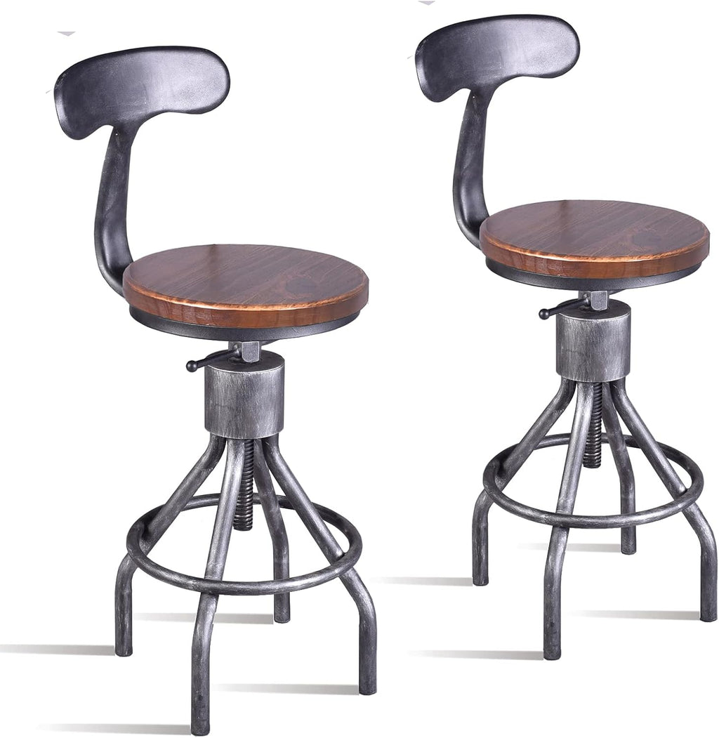 Industrial Vintage Bar Stool, Adjustable Pipe Stool, Cast Iron Stool, Swivel Bar Stool with Backrest, Metal Stool, Silver, Set of 2 K712822