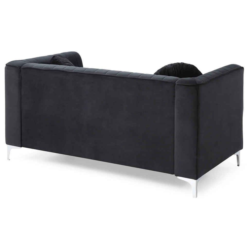Black Tuxedo Arm Velvet Loveseat with 2-Throw Pillow R65361