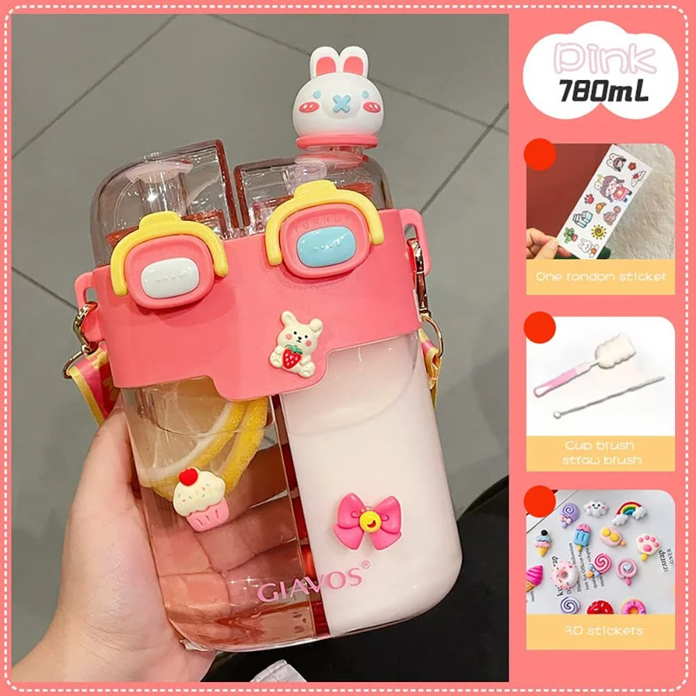Pink Cartoon Double Layer Water Bottle with Straw R8780