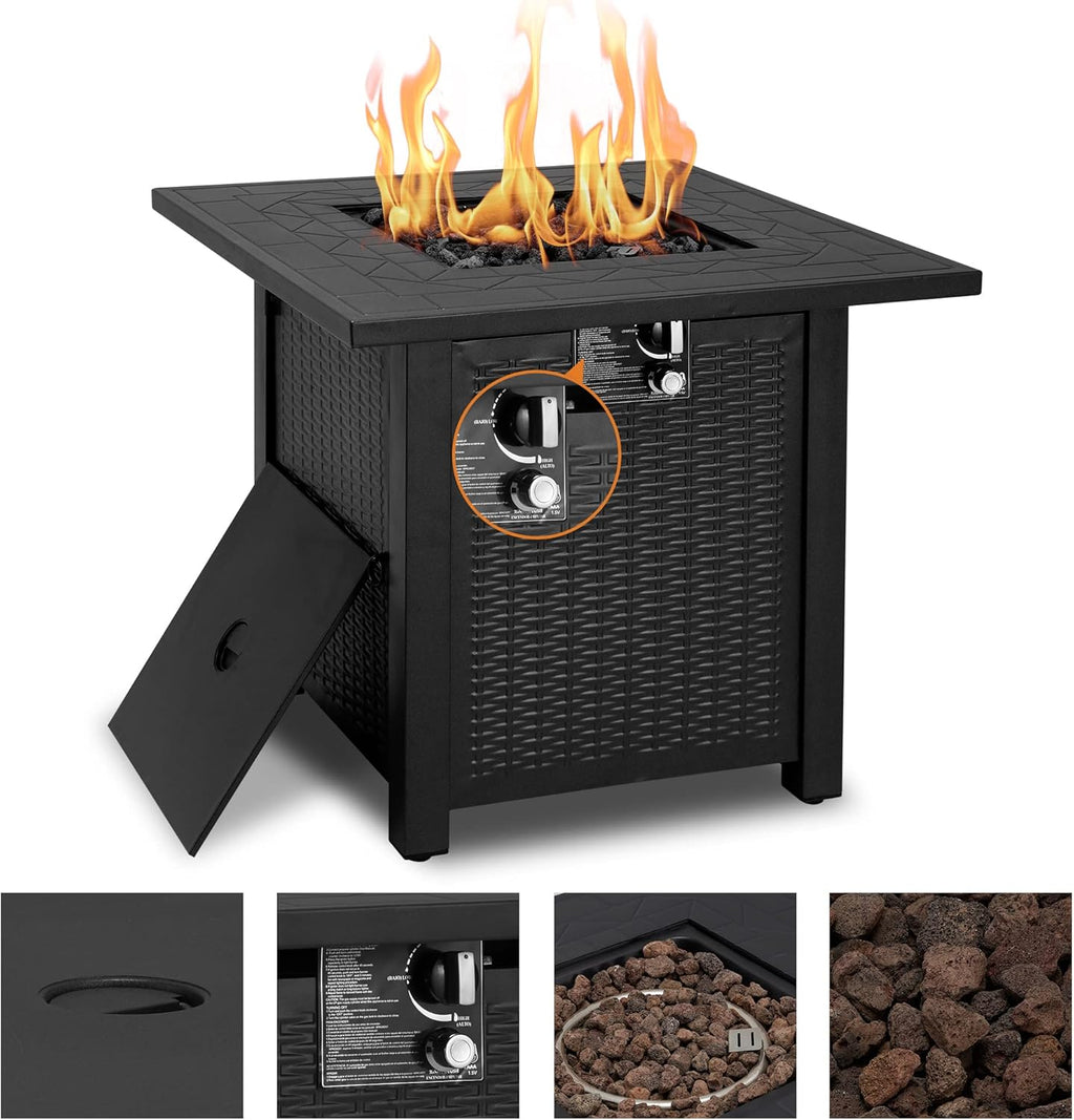 28 Inch Square Propane Fire Pit Table with Lava Stone, Lid P591345