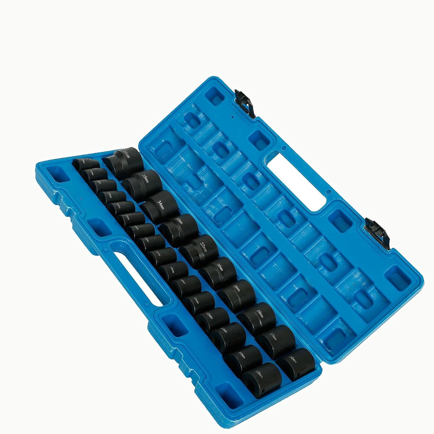 26 Piece 1/2 In Drive 6 Point Standard Impact Socket Set Deep Length Metric Sizes 10mm-36mm Storage Case I7726