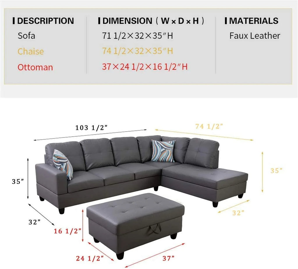 Dark Grey Faux Leather Sofa & Chaise with Ottoman U77409