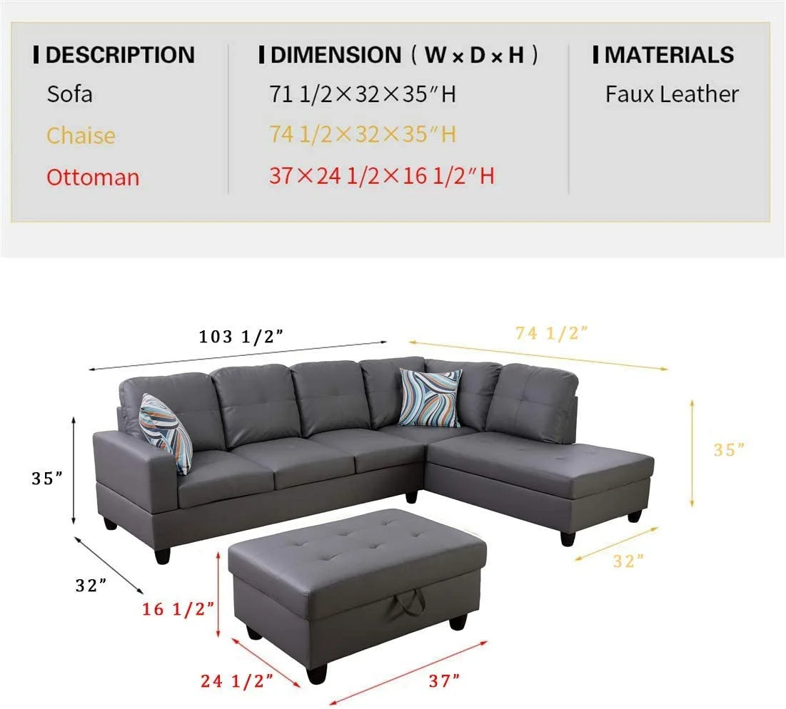 Dark Grey Faux Leather Sofa & Chaise with Ottoman U77409
