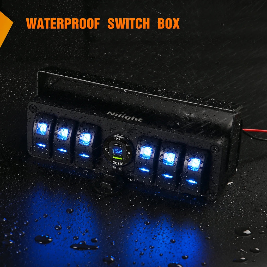 6 Gang Rocker Switch Panel with USB Charger Voltmeter Z93364