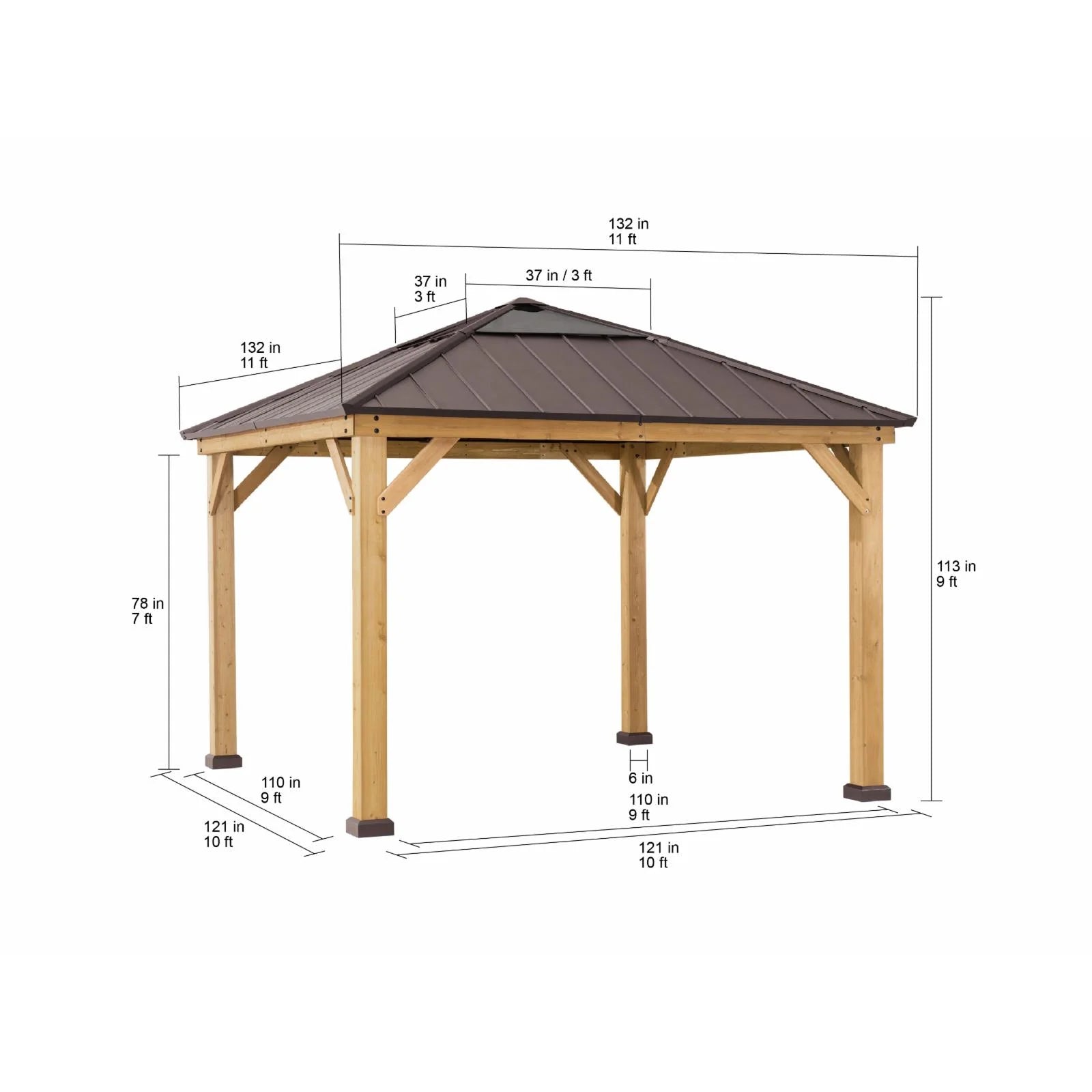 Cedar Framed Gazebo with Black Steel and Polycarbonate Hip Roof Hardtop O93301
