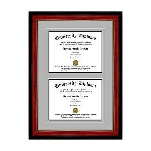 Double Diploma Frame with Double Matting for 17x22 x 14x22 Tall Diploma with Mahogany with Gold Lip 2x22 Frame C428