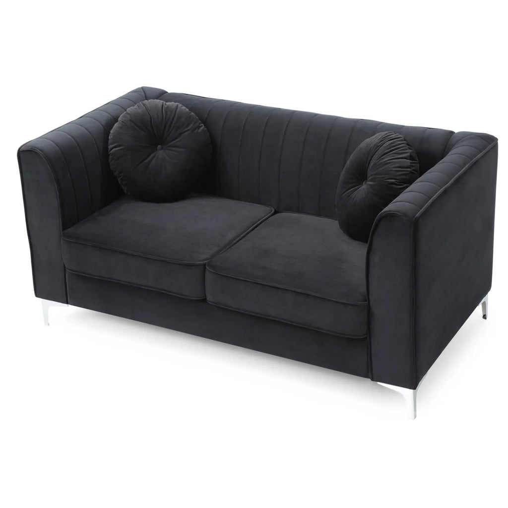Black Tuxedo Arm Velvet Loveseat with 2-Throw Pillow R65361