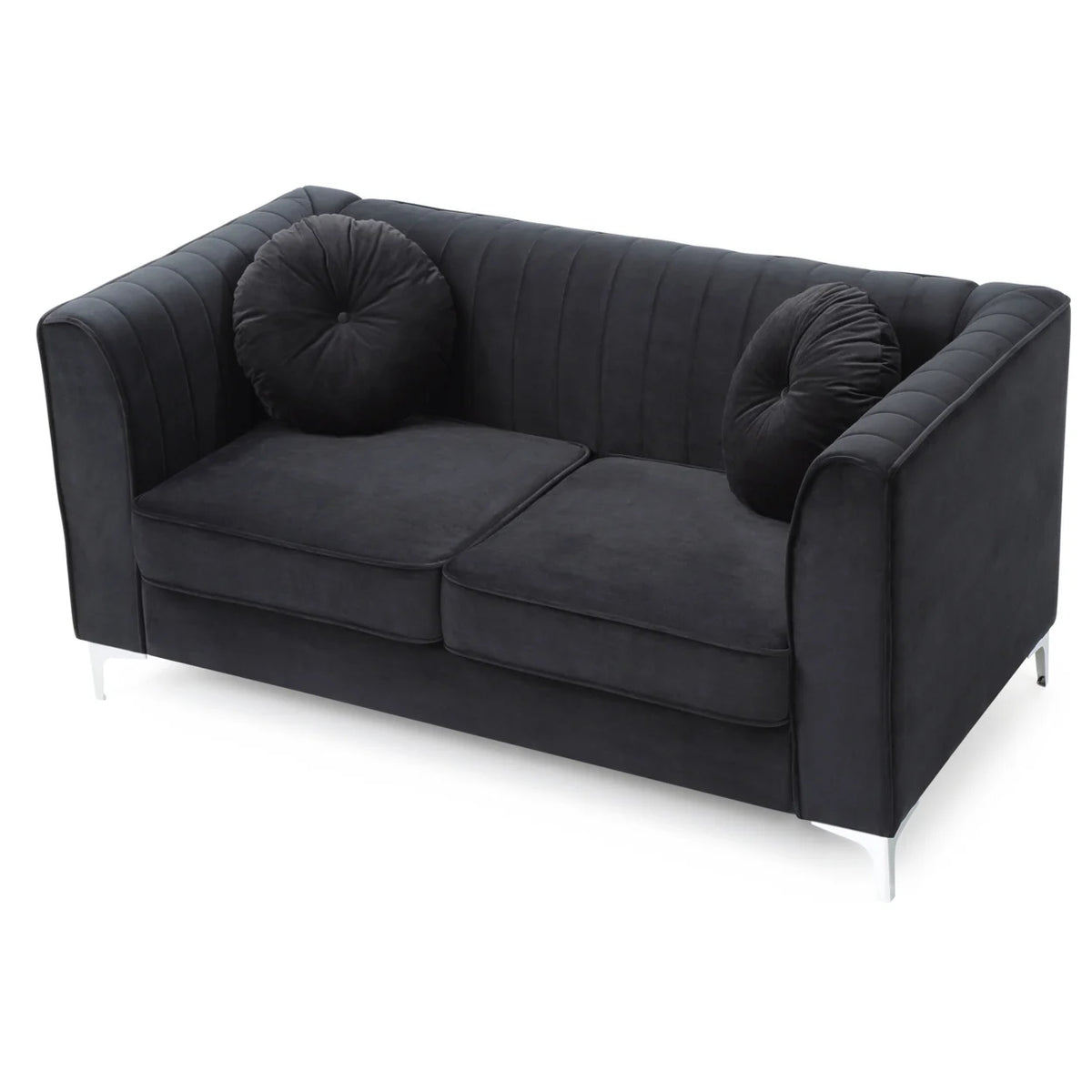 Black Tuxedo Arm Velvet Loveseat with 2-Throw Pillow R65361