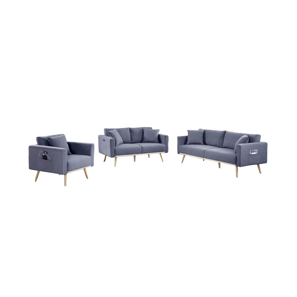 Dark Gray Linen Fabric Sofa Loveseat Chair Set with USB Charging Ports & Pillows X5032