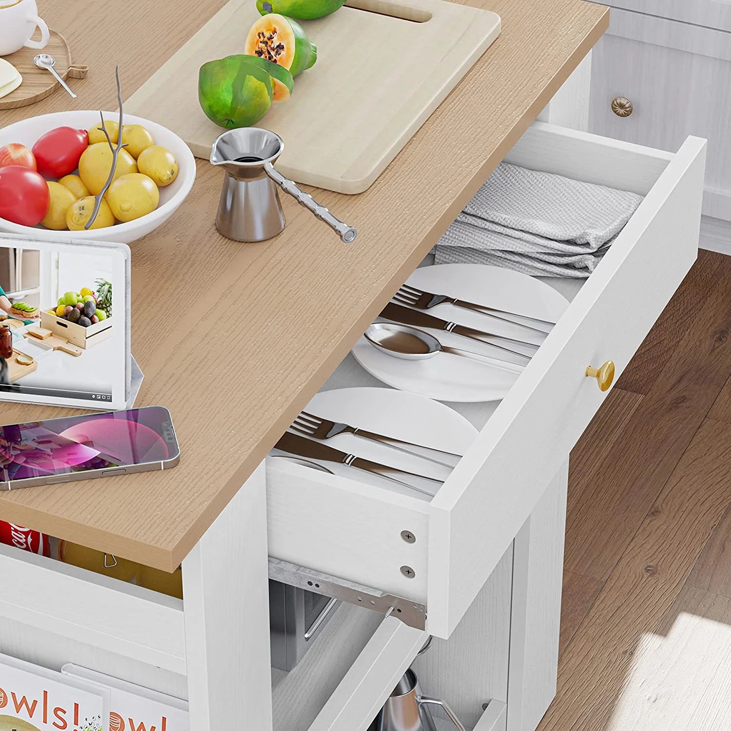 White Kitchen Island with Charging Station W7455