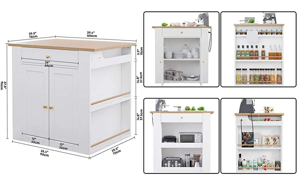 White Kitchen Island with Charging Station W7455