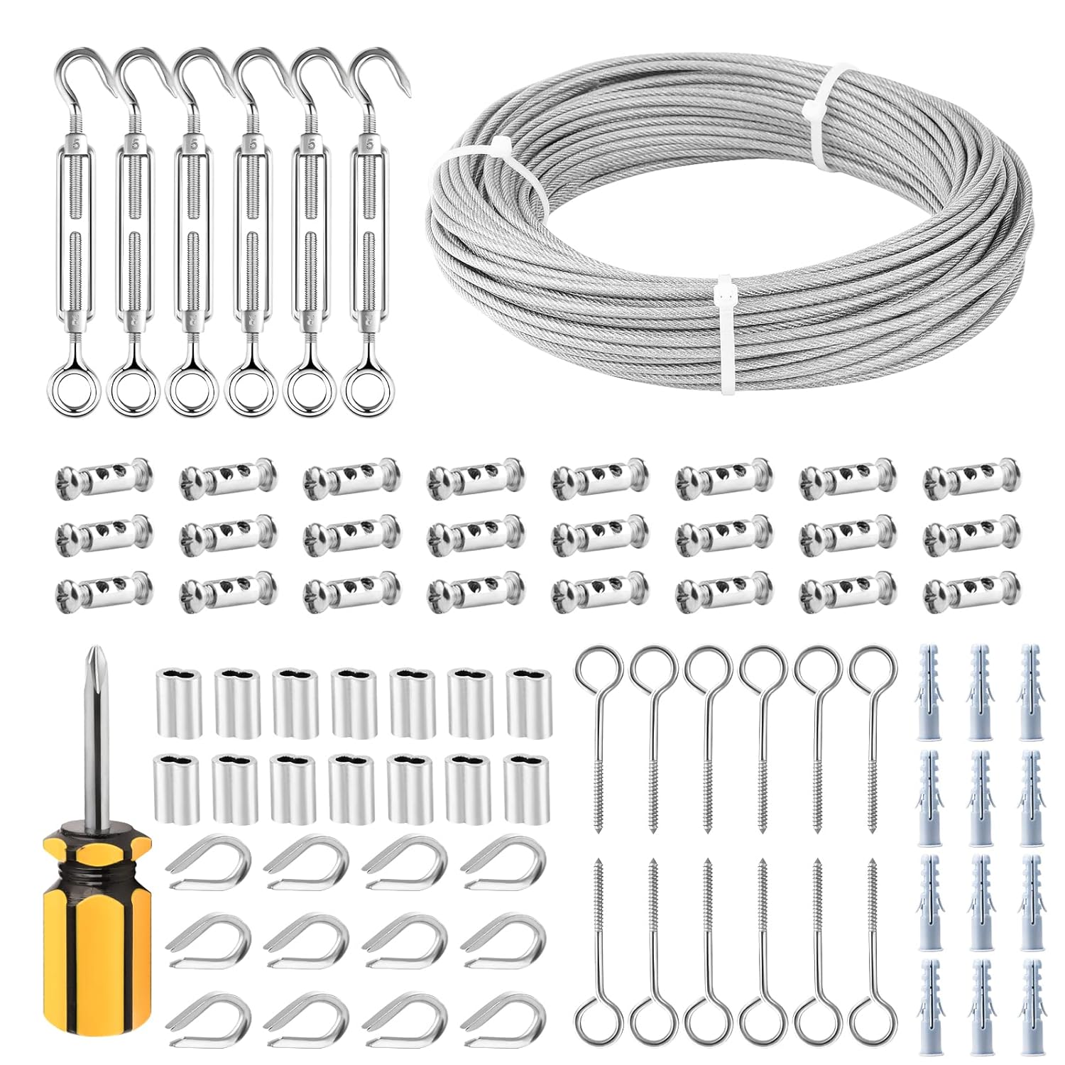 1/8 Wire Rope Kit with 100ft Stainless Steel Cable, M5 Turnbuckle Hook and Eye, Double Hole Cable Clamp P831885