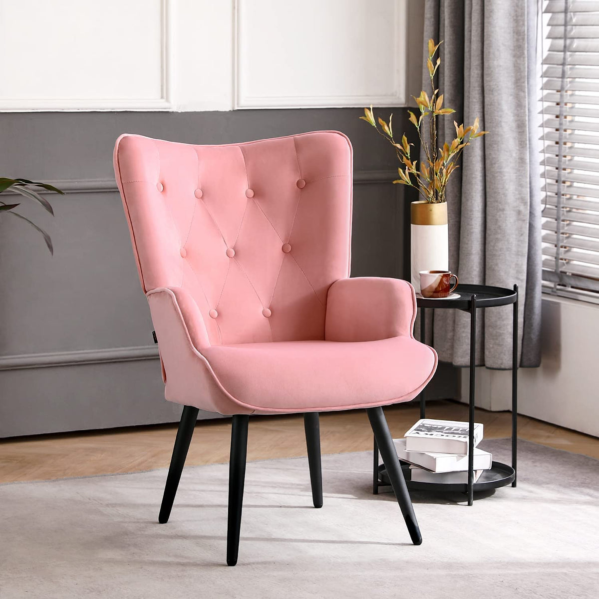 Pink Velvet Tufted Wingback Accent Chair with Solid Metal Legs S6535