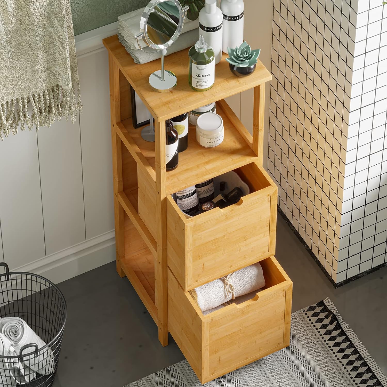 Bamboo Freestanding Corner Cabinet with 2 Removable Drawers and 3 Shelves N218
